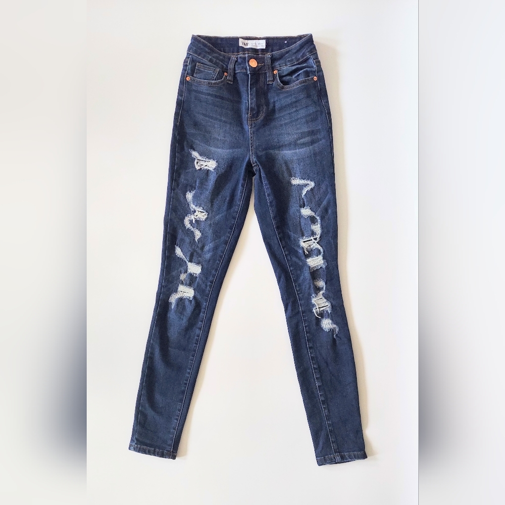 YMI High Rise Skinny Distressed Dark Wash Denim Blue Jeans Size US 1 EU 25